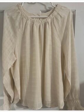 LOFT Cream Peasant Blouse with Ruffled Sleeves, Size Large (L)